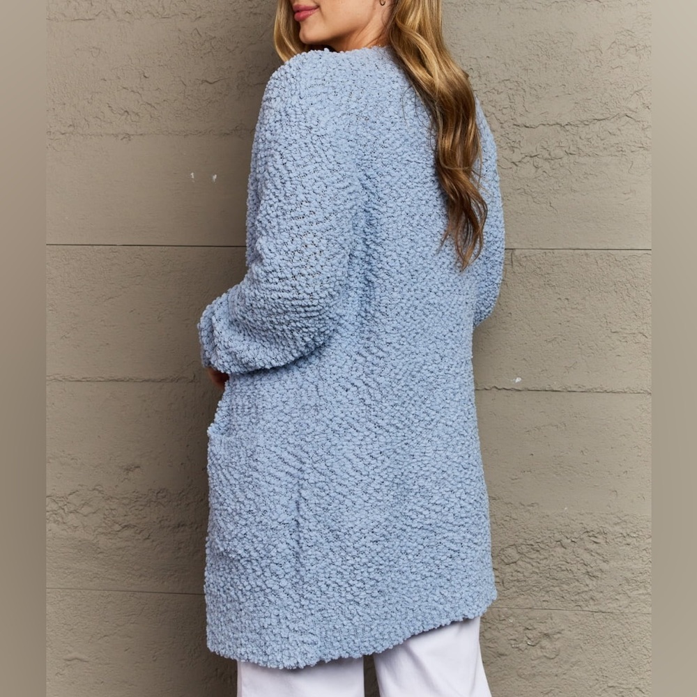 NEW Zenana Falling For You Full Size Open Front Popcorn Cardigan in Pastel Blue - Picture 5 of 6